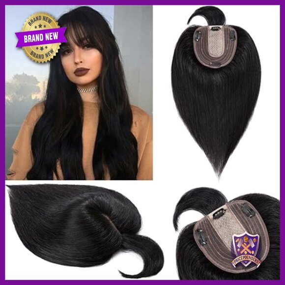 Silk Base Human Hair Topper with Bangs, 10 Inch, 130% Density Clip-In